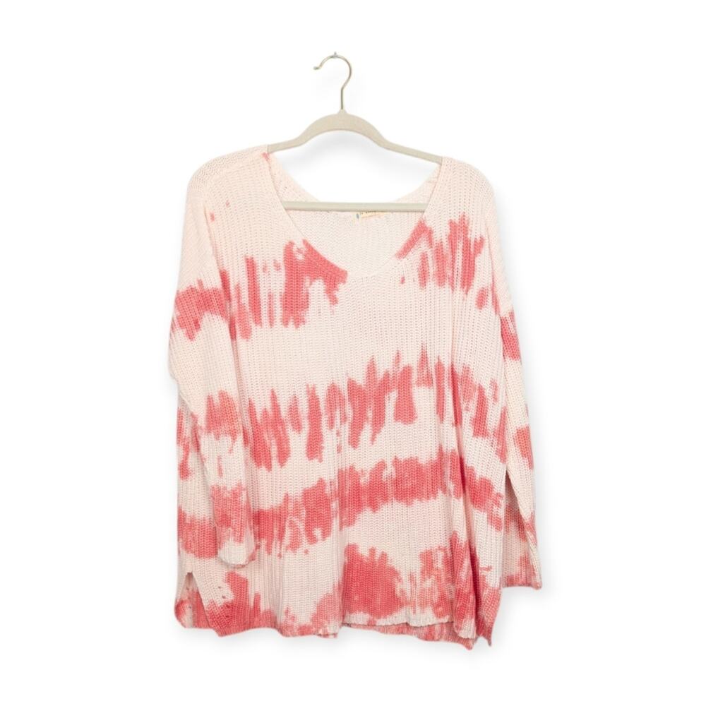 Free People FP Movement Tie Dye Sweater S Pink White Scoop Neck Knit Athleisure